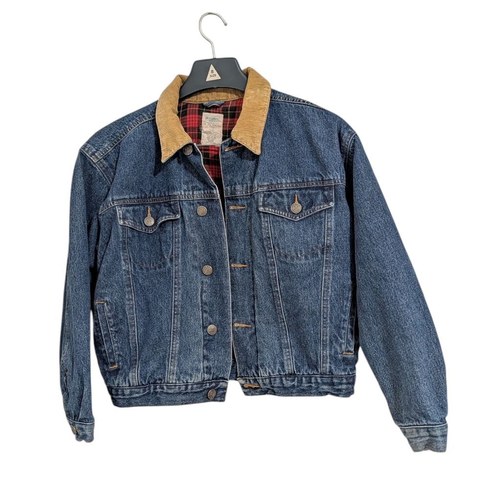 Old Navy Kids Jean Jacket Plaid Lining Corduroy Collar 10/11 Blue